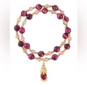 Fuchsia Tigers Eye (Dyed) and Multi Colored Glass Two Row Stretch Bracelet